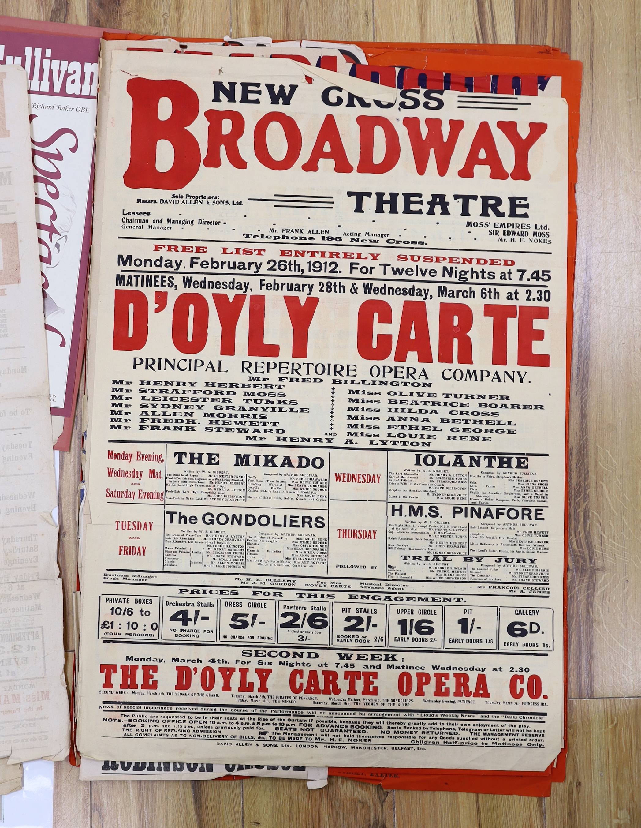 Gilbert & Sullivan and D’Oyly Carte interest; a folder of late 19th century/early 20th century lithograph posters and play bills advertising productions at the Savoy Theatre, King’s Theatre, Broadway Theatre, Fulham Thea